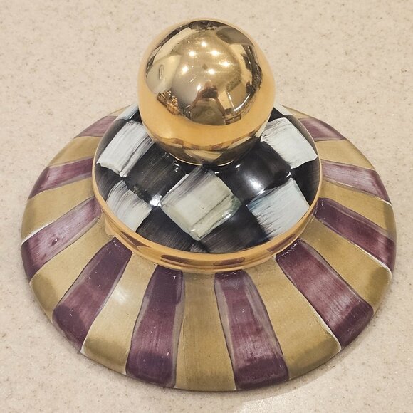 RARE AS IS MACKENZIE CHILDS ARGYLE PLAID GLOBE AURORA CERAMIC CANISTER JAR LID - Picture 1 of 10